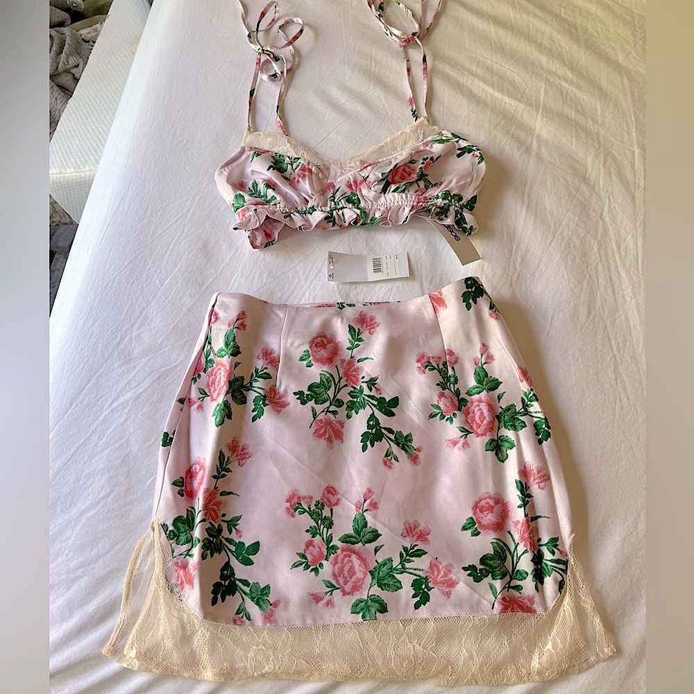 ASOS Co-Ord Set Silk Slit Skirt & Bralette Tie Crop Top Colorful Floral